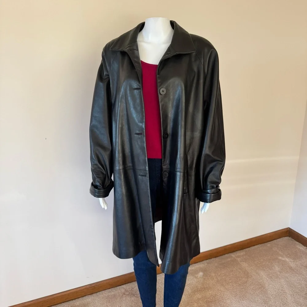 80s Vintage REMY LEATHER Black Trench Duster Futuristic Goth Coat XL